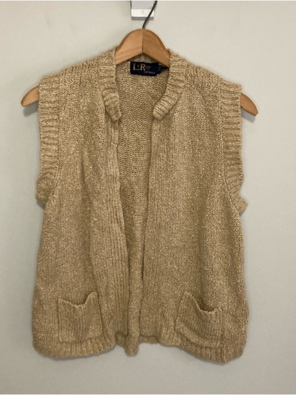 Vintage Knit Sleeveless Open Cardigan Sweater Vest, Le Roy Knitwear, Size XL tan